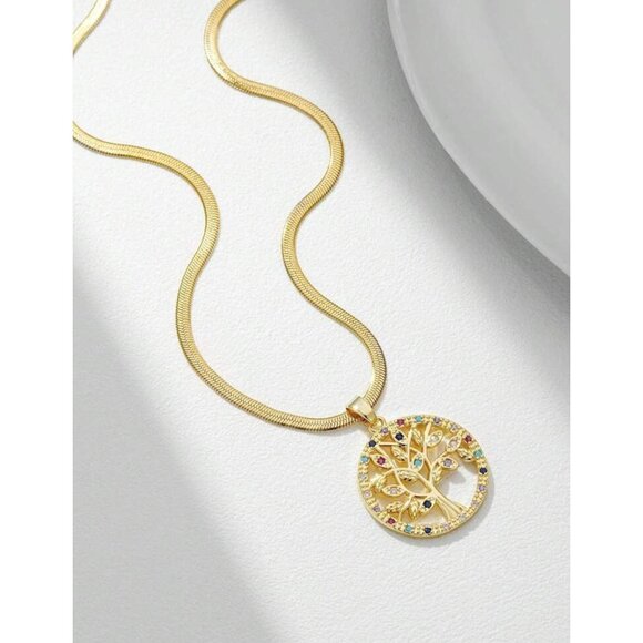 18K Gold Plated Tree Of Life Pendant Necklace With Multicolor Rhinestones On Sta - Picture 2 of 3